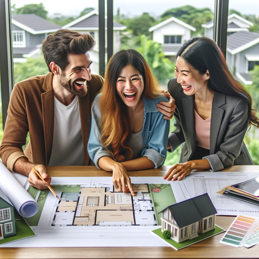 A diverse couple and an Asian real estate agent enthusiastically discuss house plans, surrounded by blueprints, color swatches, and documents in a modern office, symbolizing the journey to finding their perfect home