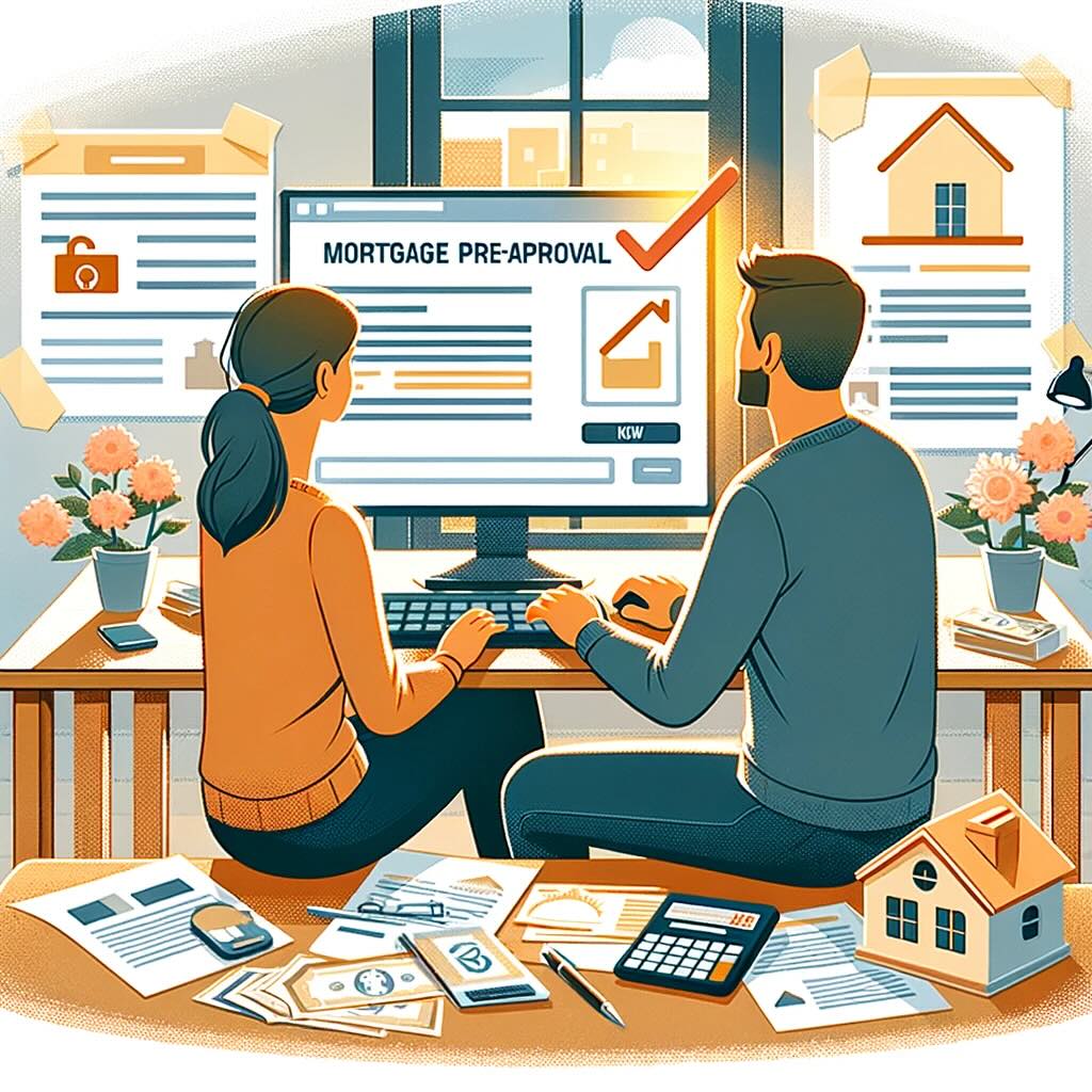 Couple applying for mortgage pre-approval online, surrounded by financial documents and a house model, symbolizing their journey to homeownership
