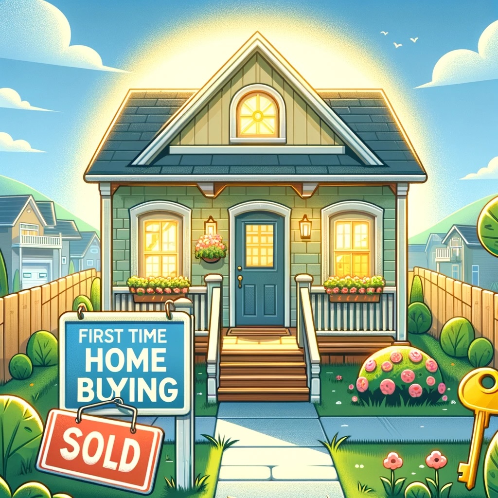 welcoming and informative cover for a 'First Time Home Buying Guide