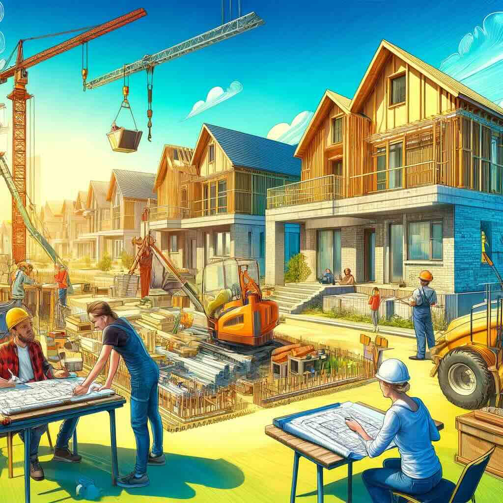 A vibrant and detailed digital illustration showing a bustling construction site for new homes in sprin