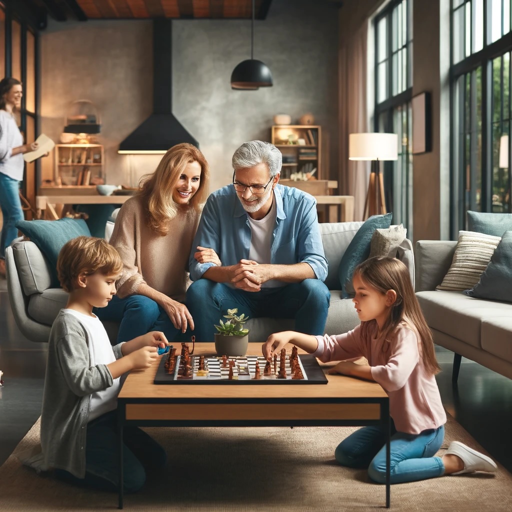A multi-generational family living together in a spacious, modern home. The image shows three generations_ elderly grandparents, middle-aged parents,