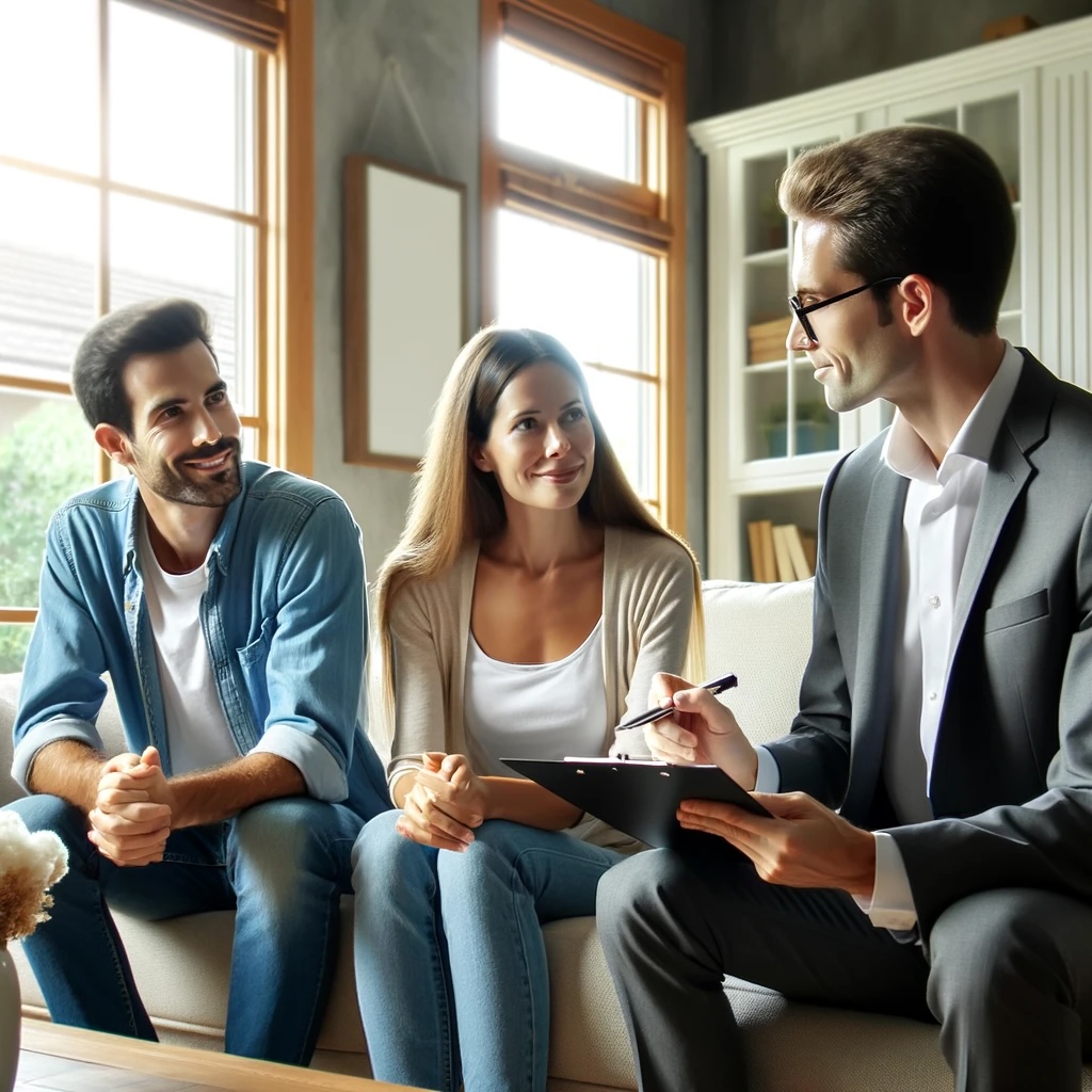 A professional real estate agent discussing with a couple in their living room. The agent has a clipboard and is explaining the process of selling a house