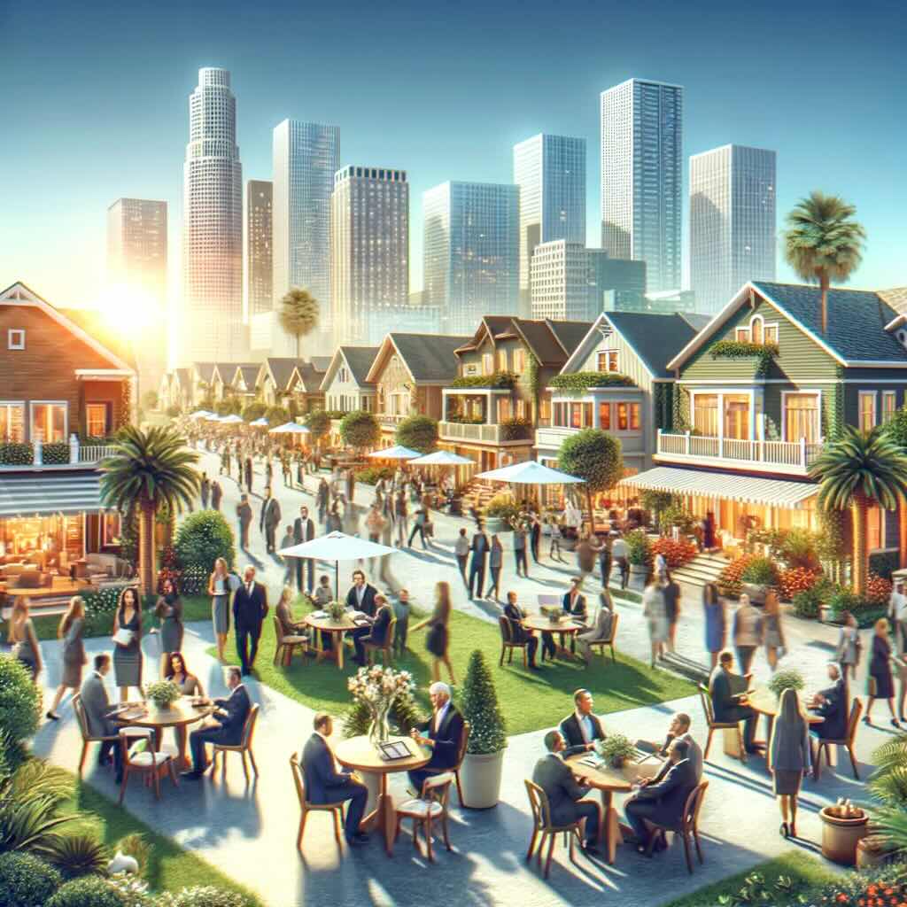 A bustling California real estate market scene, highlighting diverse properties and vibrant investment opportunities.