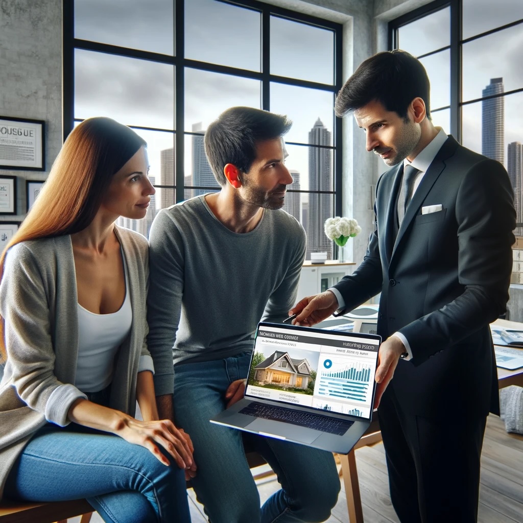 A professional real estate agent from CENTURY 21 discussing marketing strategies with a couple in a modern, well-lit office. The office has a large wi