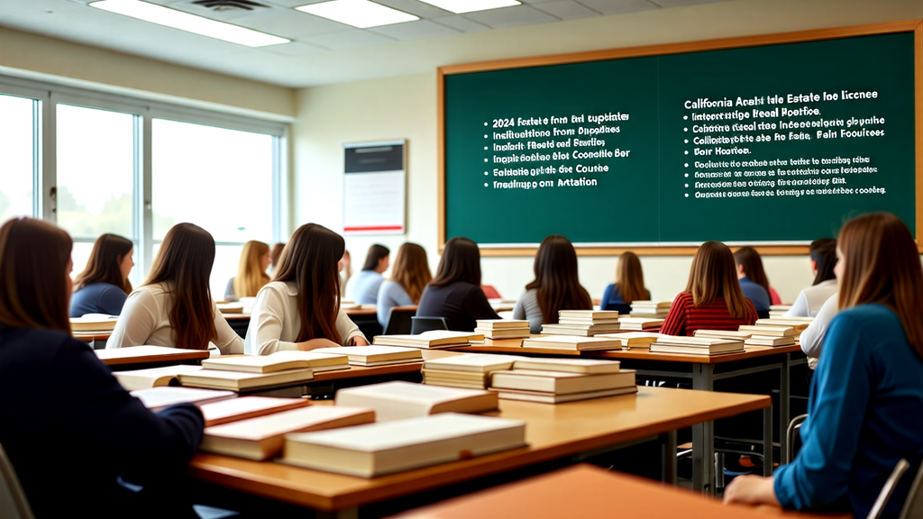 A classroom filled with students attentively listening to a lecture about obtaining a California real estate license, with key steps and requirements listed on a chalkboard.