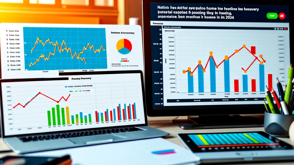 A workspace featuring multiple devices displaying various financial and recovery charts, including bar graphs, line charts, and pie charts, representing financial data and recovery projections for the year 2024.