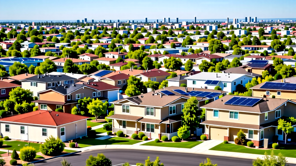 Panoramic view of suburban neighborhood with modern homes and solar panels