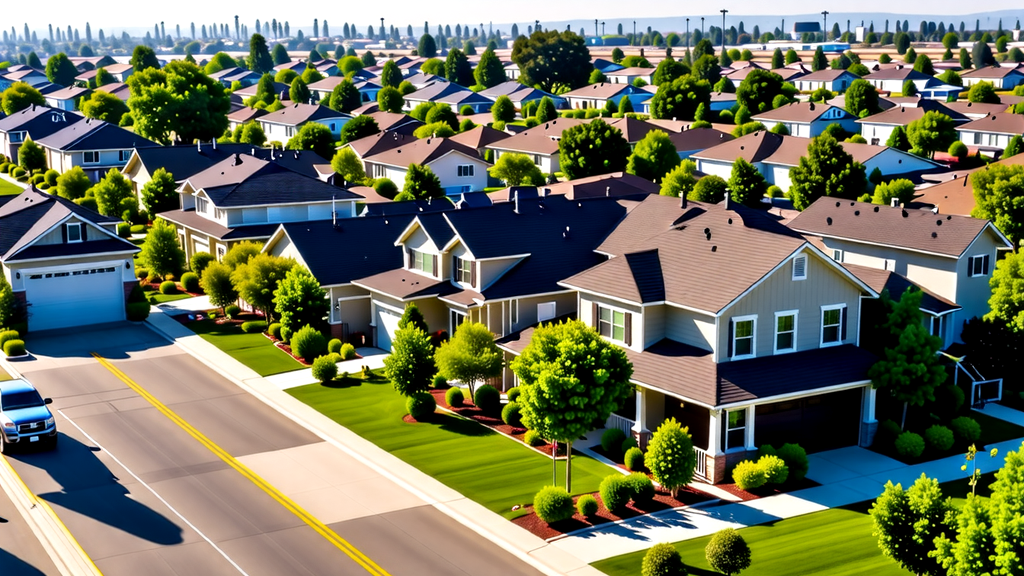 Aerial view of a picturesque suburban neighborhood with modern houses, neatly landscaped lawns, and tree-lined streets.