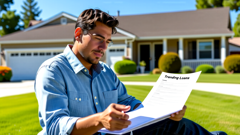 young male reading a loan document in the front yard of home