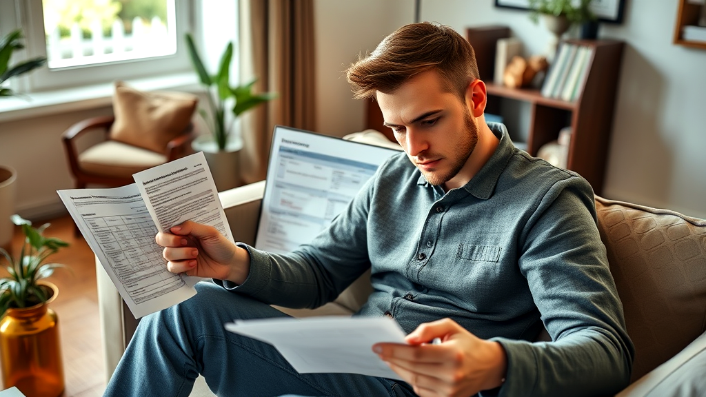 A young man sits on a sofa in a cozy living room, intently reviewing financial documents and bills. He appears focused and concerned, surrounded by paperwork. The room is bright and well-furnished, with plants and bookshelves in the background.