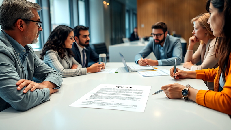 Group of professionals in a business meeting discussing a contract document at a conference table