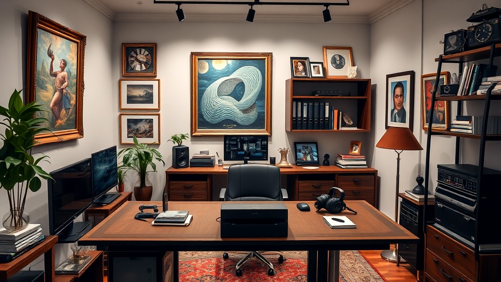 Cozy home office with vintage decor, wooden furniture, framed artwork, and modern electronics