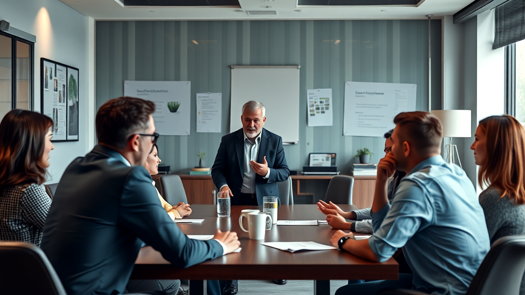 A group of real estate professionals gathered around a conference table, participating in a collaborative team-building session. The team is led by a senior leader, who is actively engaging with the group, fostering discussion and strategy planning in a modern office environment. The atmosphere is one of cooperation and teamwork, essential for success in the real estate industry.