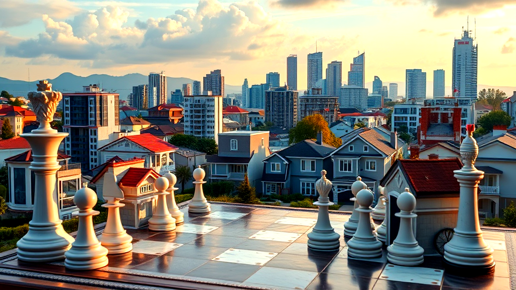 A large chessboard set on a rooftop overlooking a cityscape at sunset. The chess pieces, including a king and queen, are prominently displayed in the foreground, while a mix of residential houses and modern high-rise buildings stretch out in the background. The sky is partly cloudy with soft, warm light highlighting the contrast between the traditional and contemporary architecture.