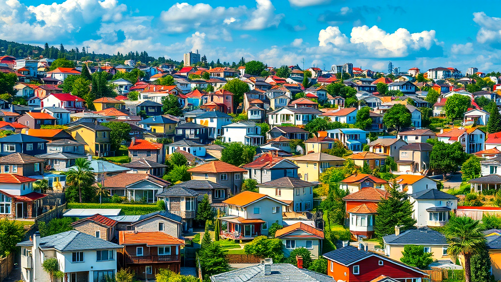 A colorful and vibrant suburban neighborhood with rows of houses in different styles and colors, surrounded by trees and greenery under a bright blue sky with scattered clouds.