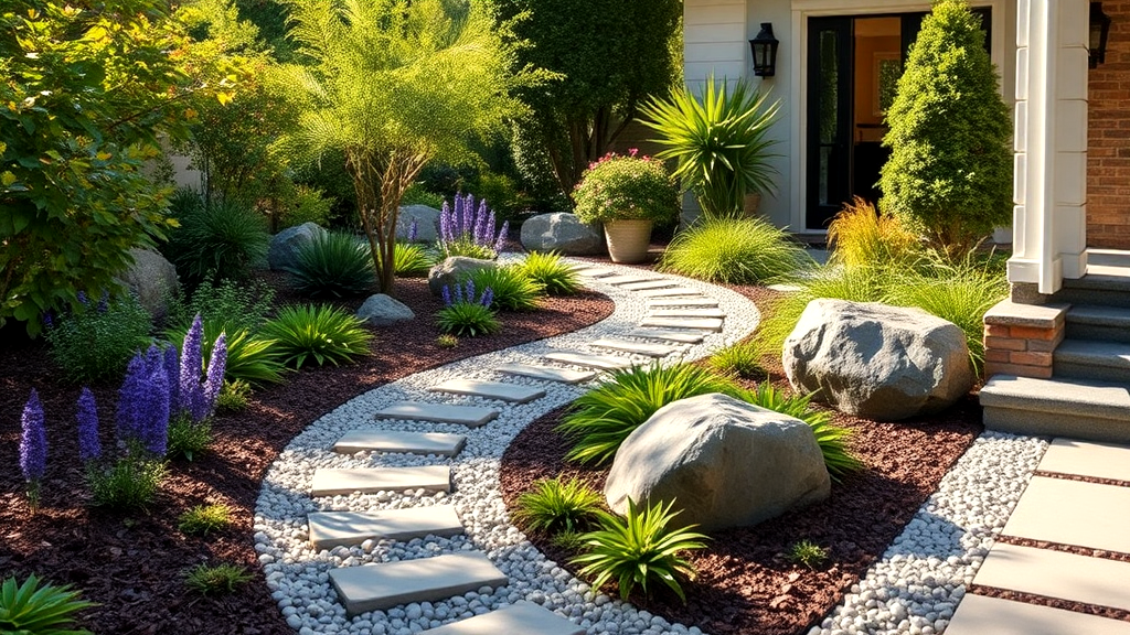 A serene front yard landscape featuring a curved stone pathway surrounded by lush greenery, purple flowering plants, decorative rocks, and well-maintained shrubs leading to the entrance of a house.