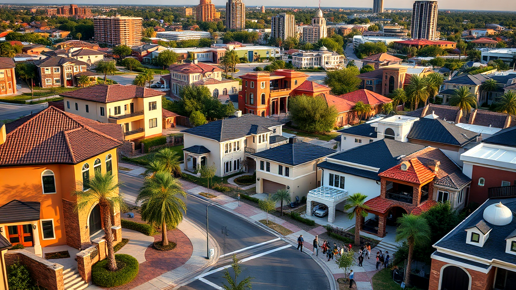 Aerial view of a modern urban neighborhood featuring Mediterranean-style homes with tile roofs, palm trees, and well-maintained streets on a sunny day