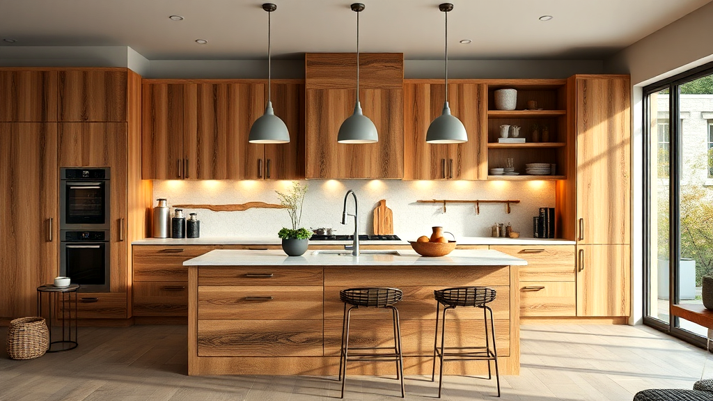 Spacious kitchen featuring wooden cabinets, a central island with bar stools, pendant lighting, and large windows offering natural light.