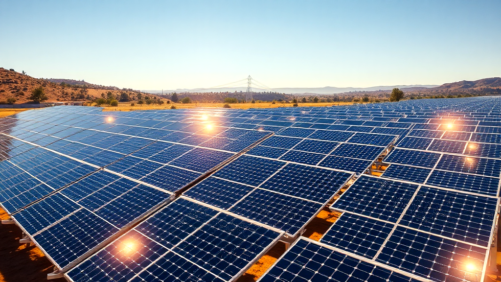 A large solar panel array in a sunny desert landscape, with mountains and clear blue skies in the background, reflecting sunlight off the panels.