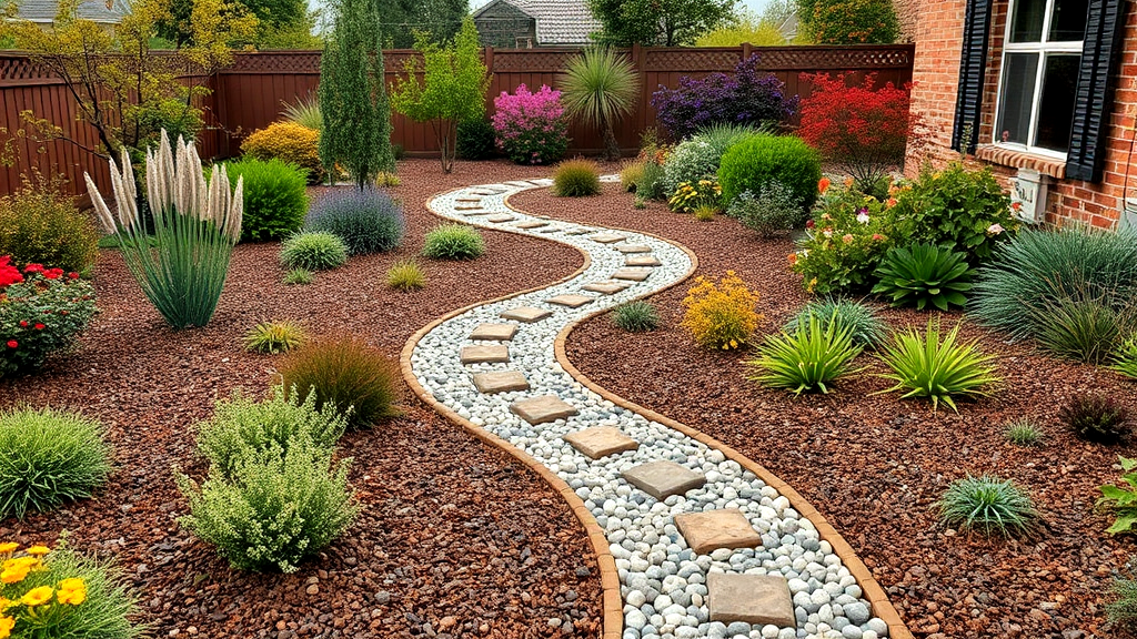 A vibrant drought-tolerant garden with a winding pathway lined by colorful flowers, succulents, and cacti, showcasing sustainable landscaping in a residential setting