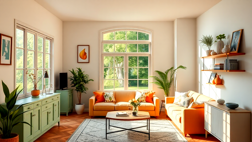 A modern and bright living room interior with large windows, orange sofas, green cabinets, indoor plants, and wall shelves decorated with books and vases.