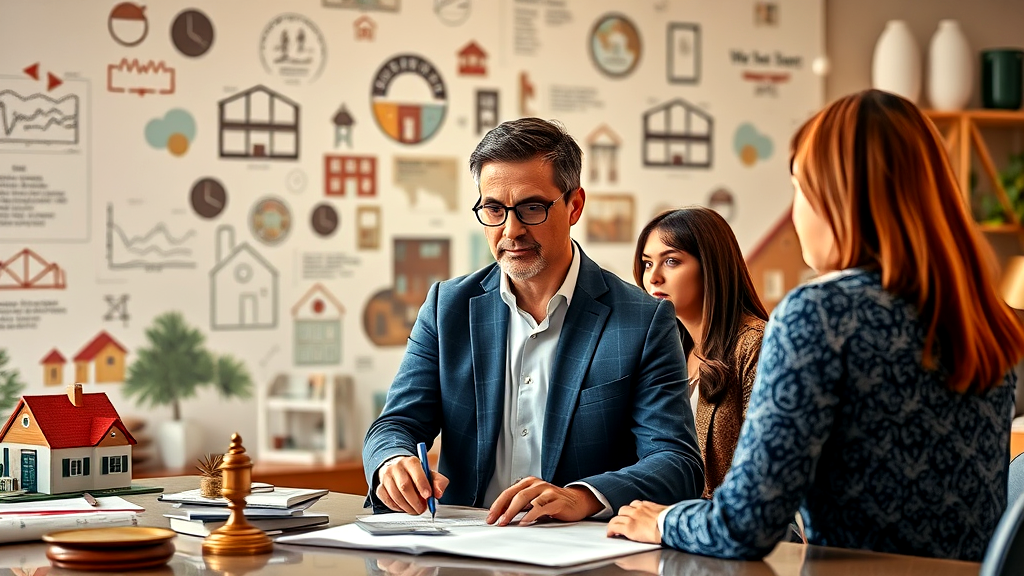 Real estate agent conducting a professional meeting with clients, signing documents at a desk with real estate-themed graphics in the background.