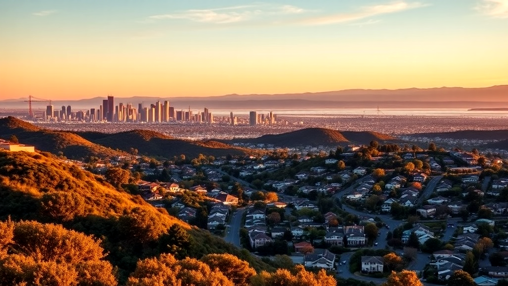 A stunning sunset view over the San Francisco Bay Area, with rolling hills and residential neighborhoods in the foreground, and the city skyline and Golden Gate Bridge visible in the distance.