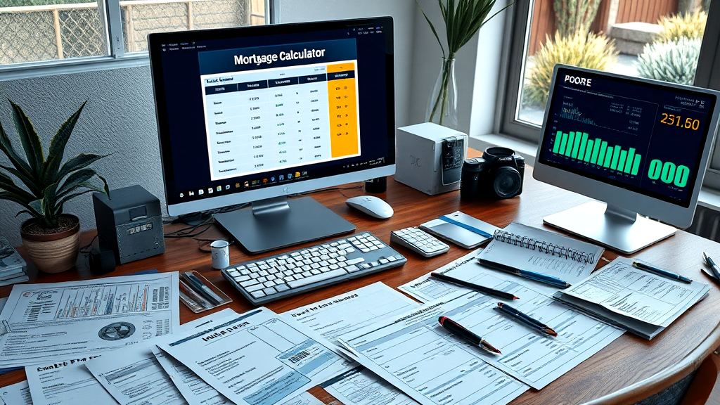 A workspace setup with two monitors displaying a mortgage calculator and credit score analysis, surrounded by financial documents and a notebook. The setup suggests an organized approach to mortgage pre-qualification and financial planning.