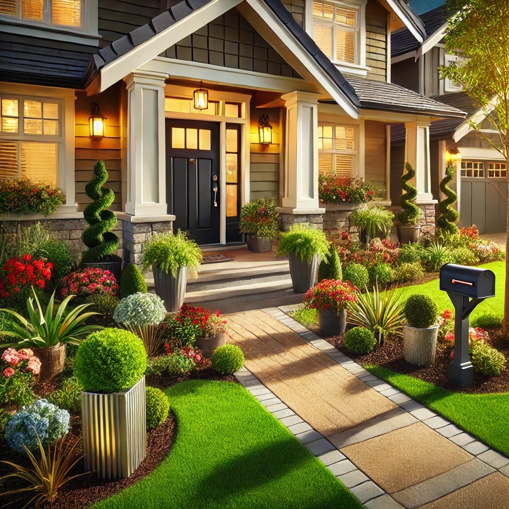 Beautiful suburban home with strong curb appeal, featuring a well-maintained lawn, vibrant flower beds, a freshly painted front door, and stylish outdoor lighting.