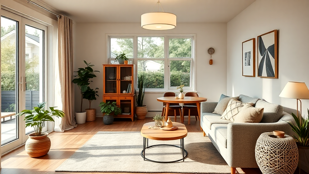 A modern, cozy living room filled with natural light, featuring a comfortable gray sofa, round wooden coffee table, indoor plants, and minimalist decor.