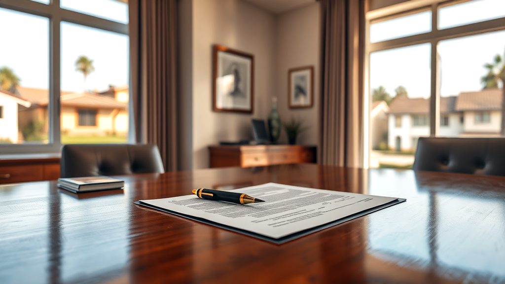 A neatly arranged table in a modern office with a pen and signed documents, overlooking a residential neighborhood through large windows