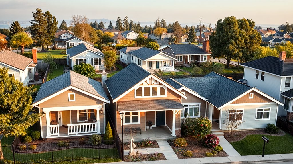 Aerial view of suburban homes with well-maintained lawns and tree-lined streets.