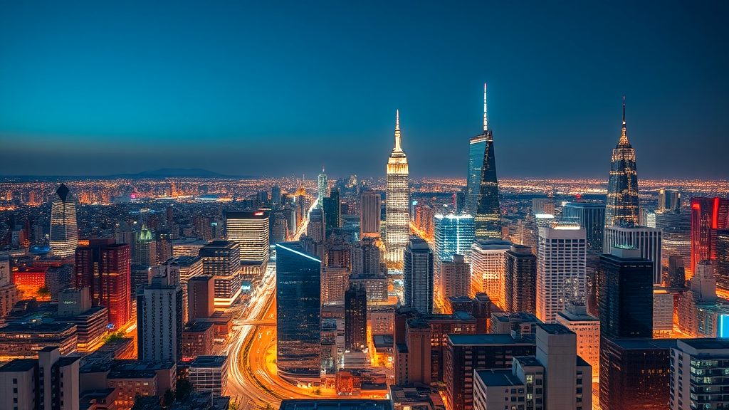  A breathtaking view of a modern city skyline illuminated at night, featuring skyscrapers, glowing lights, and busy streets with streaming traffic.