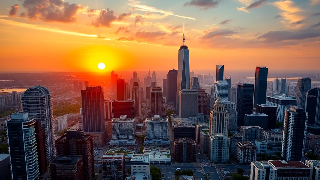 Stunning city skyline featuring modern skyscrapers and a vibrant sunset with golden hues lighting up the horizon