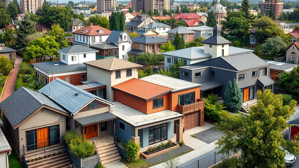 Modern urban residences with diverse architectural styles, greenery, and cityscape in the background.