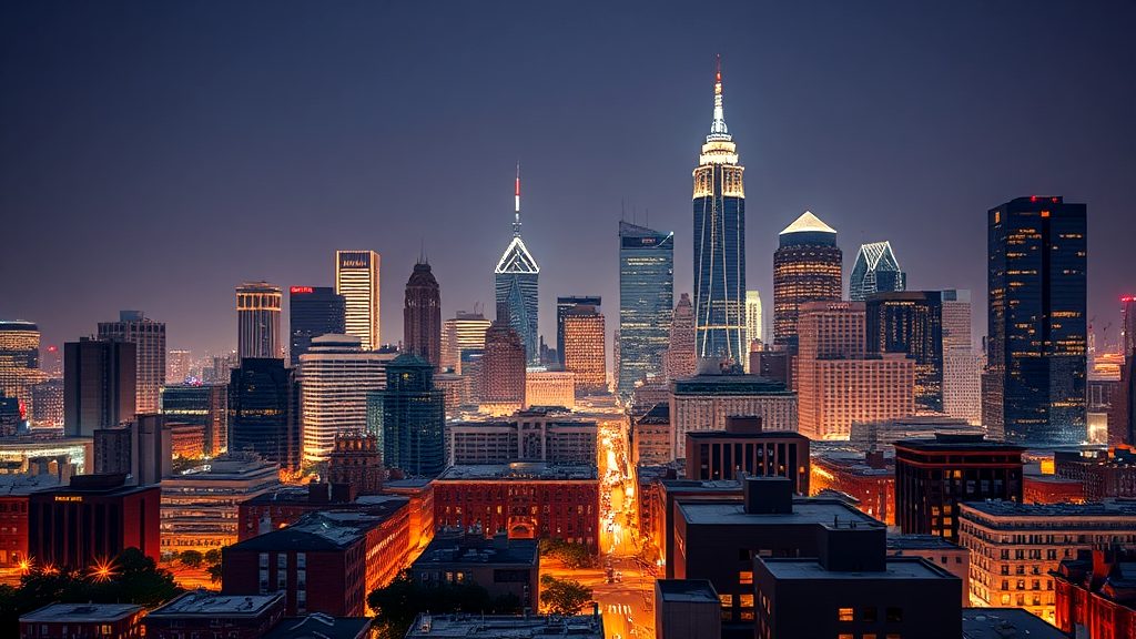 Vibrant downtown city skyline featuring towering skyscrapers and glowing streetlights, captured at night under a clear sky.