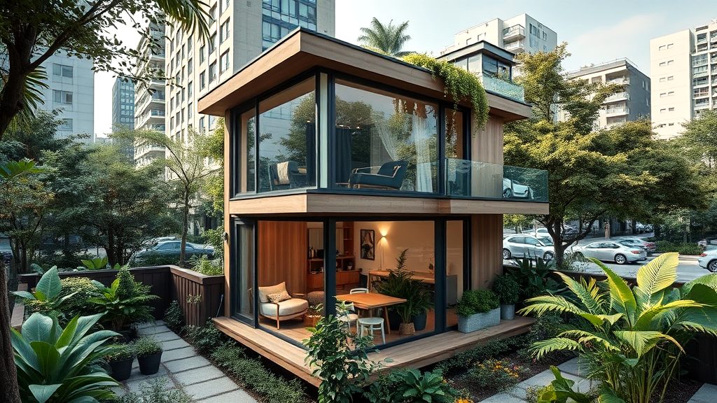 Modern glass house with two stories, lush greenery, and open contemporary design in an urban setting