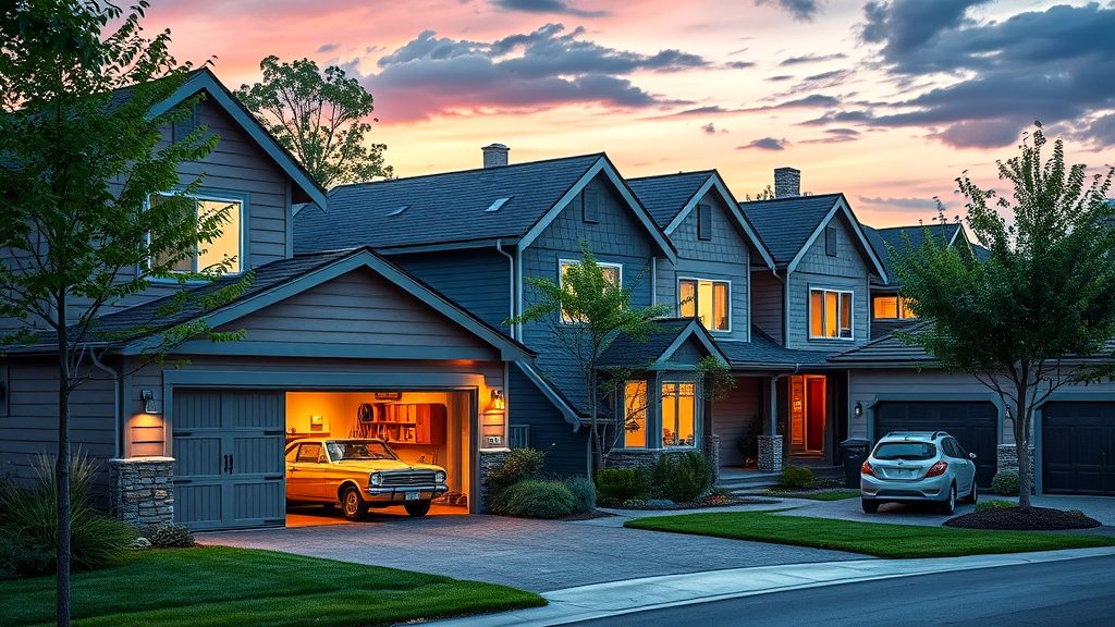 Luxury homes at sunset with manicured lawns, warm lighting, and a vintage car visible in a garage