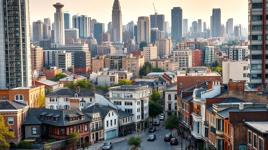 View of an urban residential neighborhood with classic architecture in the foreground and a modern city skyline in the background under warm sunset light.