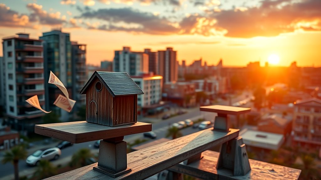 Wooden house model placed on a balancing scale, symbolizing real estate investment, with a vibrant cityscape and sunset in the background.