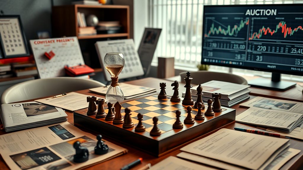 Office desk with chess pieces, paperwork, and auction analytics on a computer screen