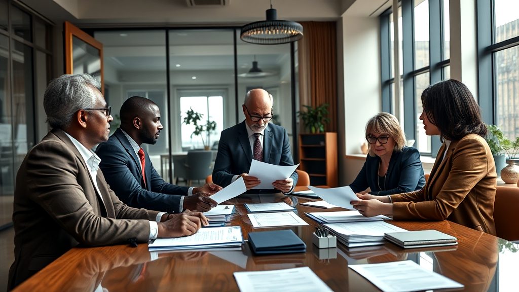 Diverse group of professionals in a formal business meeting, reviewing documents around a polished wooden conference table in a modern office setting