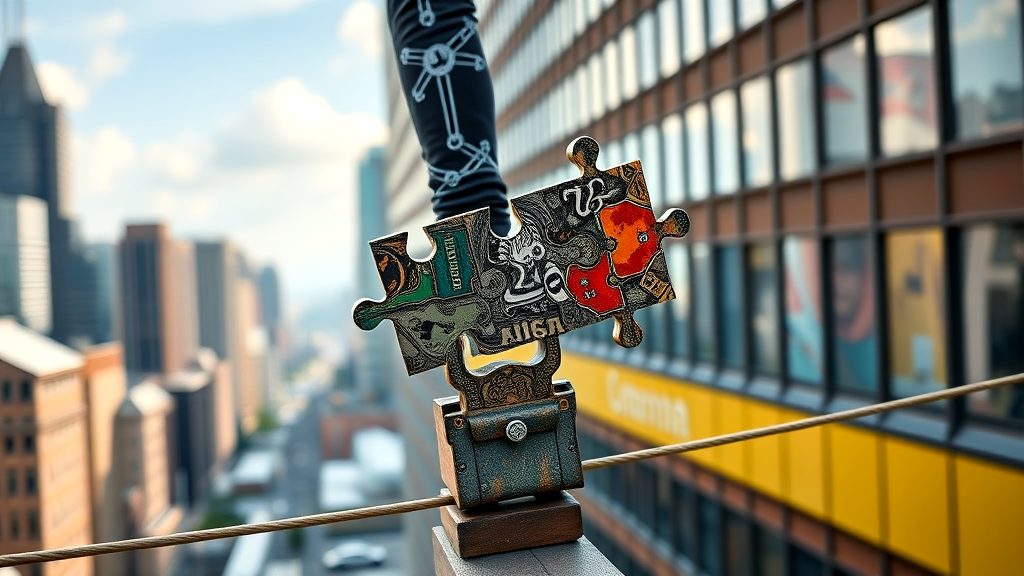 A hand placing a colorful puzzle piece on a tightrope, symbolizing business strategy and risk-taking.