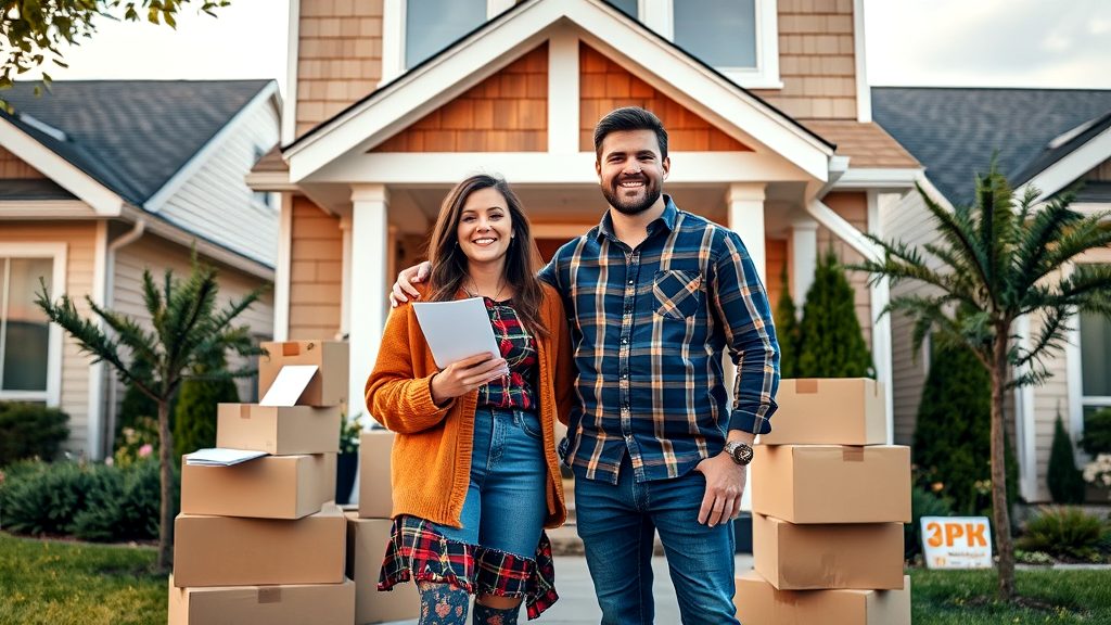 A cheerful couple standing outside their new home with moving boxes on a sunny day