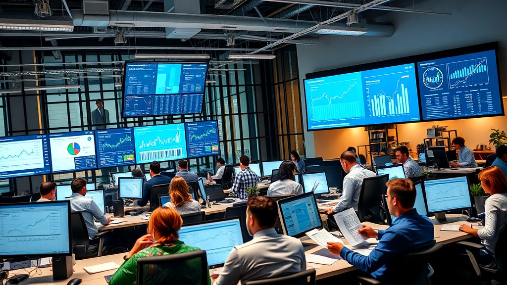 Team of professionals in a modern office analyzing data and charts on multiple large screens and desktop monitors, showcasing financial and market trends.