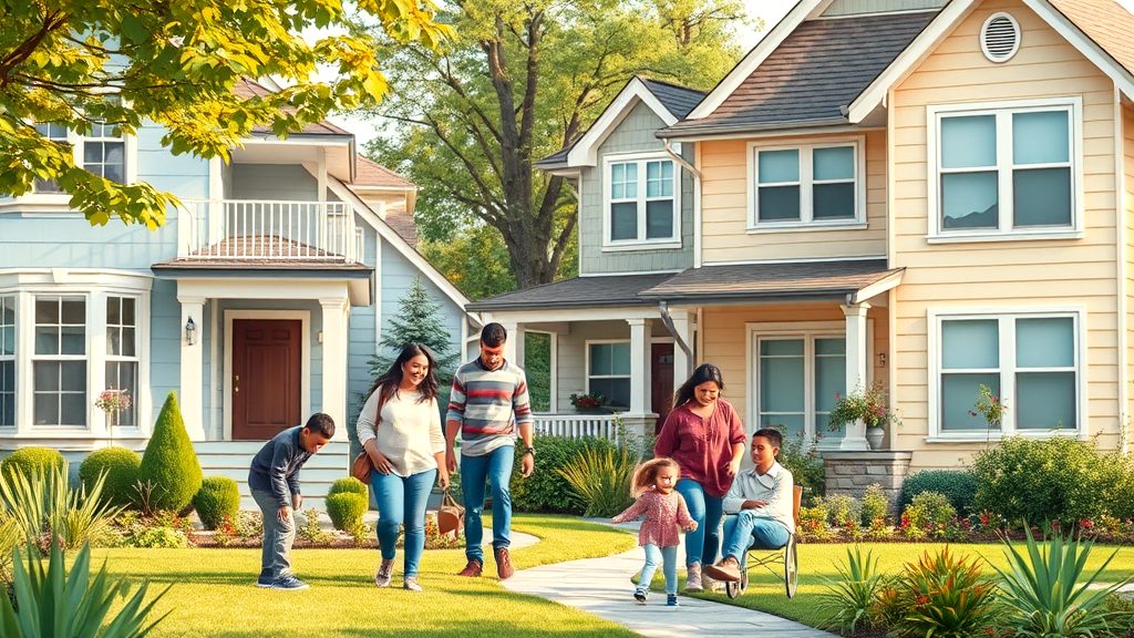 A happy family walking together in front of charming suburban homes with well-maintained gardens.