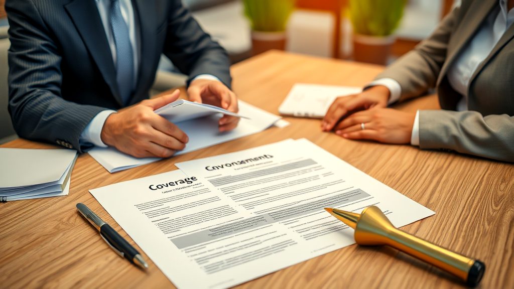 Close-up of two professionals in a formal meeting discussing insurance coverage documents on a wooden table, with a pen and golden paperweight in the foreground.