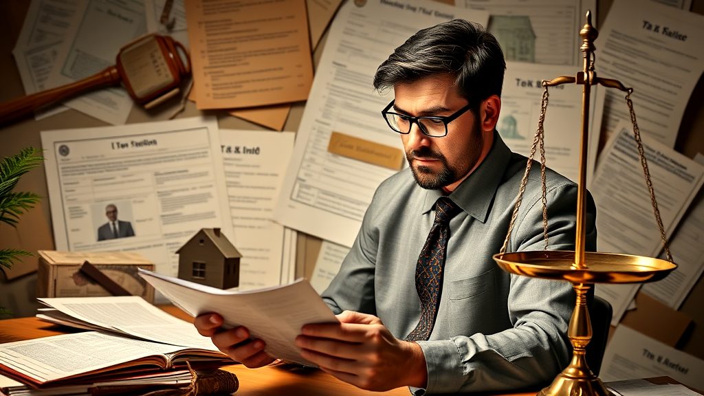 Man reviewing legal documents related to real estate with scales of justice on the desk