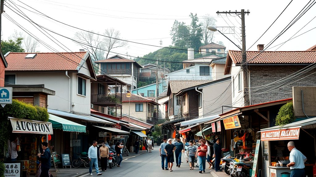 treet view of a local market with auction signs and people walking around