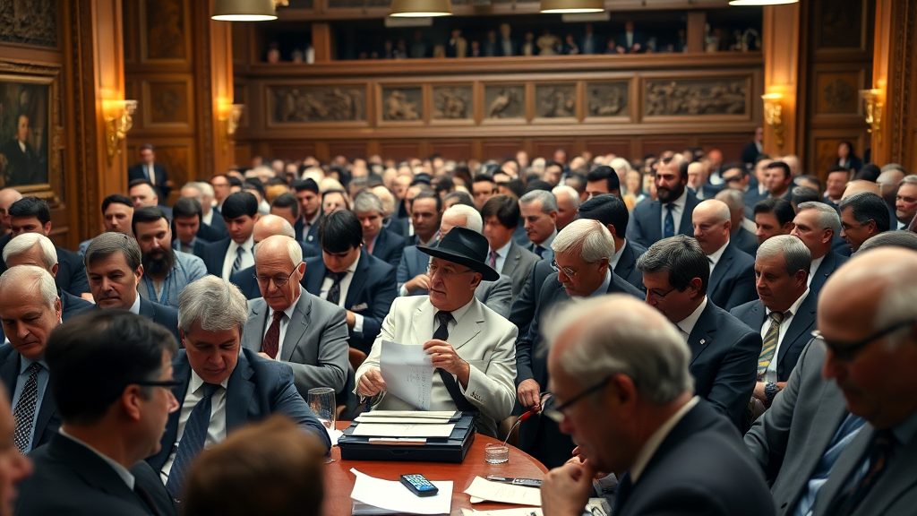 Crowded hall with people attending a luxury property bidding event